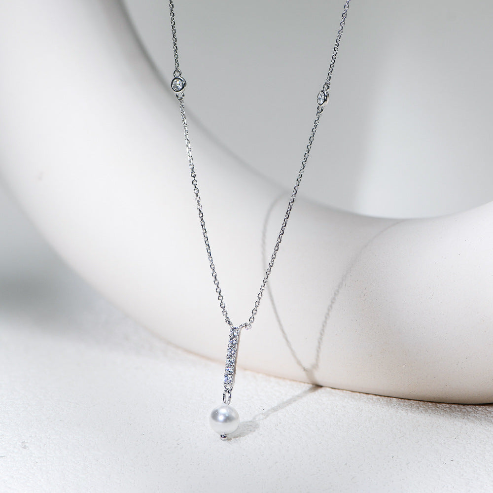 Planderful S925 Sterling Silver Pearl Zircon Geometric Pendant Necklace For Women