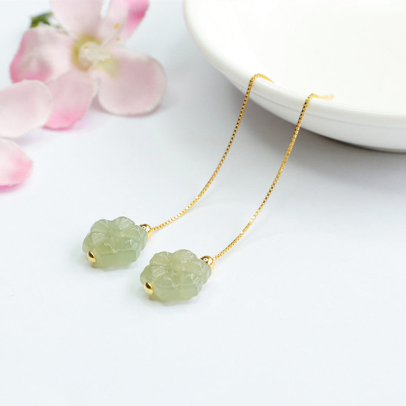 Small Flower Sterling Silver Earrings with Natural Hetian Jade Insets