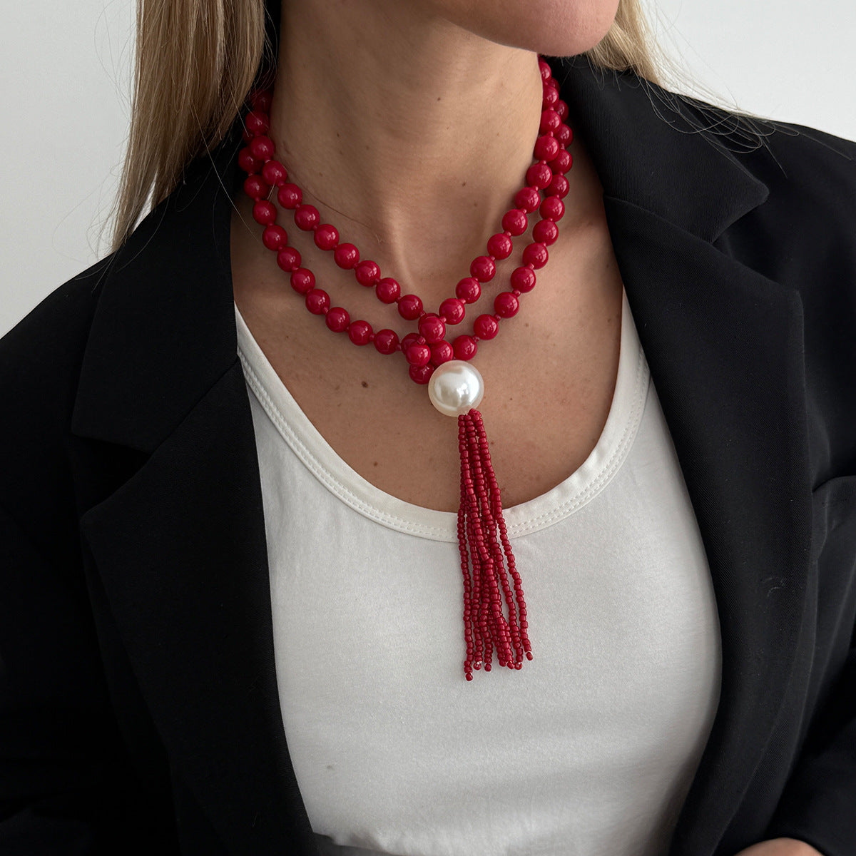 Acrylic Beaded Rice Bead Necklace Exaggerated Large Round Bead Y-Shaped Fringed