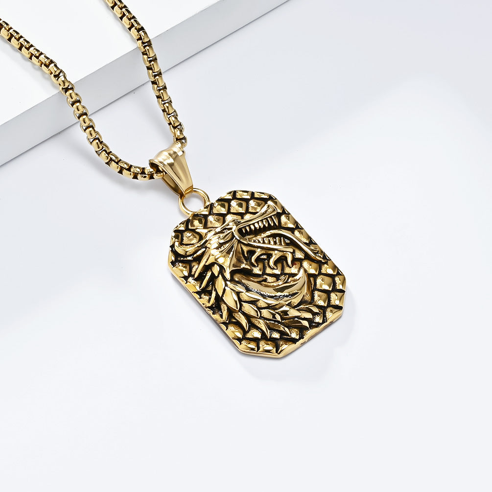 Planderful Stainless Steel Mens Necklace Bold Retro Square Pendant Durable Gift For Him