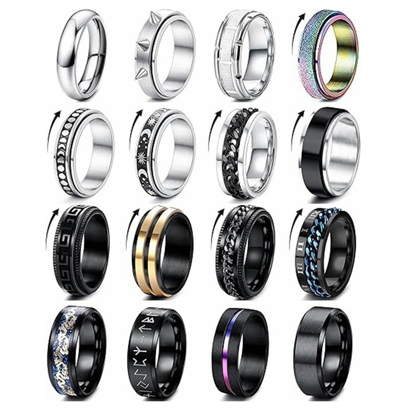 Titanium Steel Ring Set For Men And Women 16 Piece Unisex Anxiety Relief Decompression Jewelry Planderful Collection