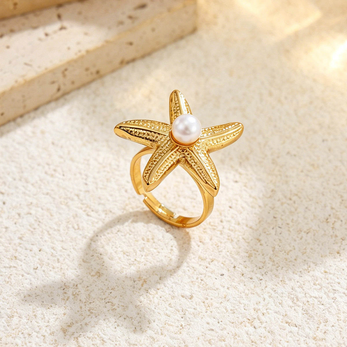 Planderful Ocean Starfish Ring With Imitation Pearl Adjustable Stainless Steel Statement Beach Jewelry For Women