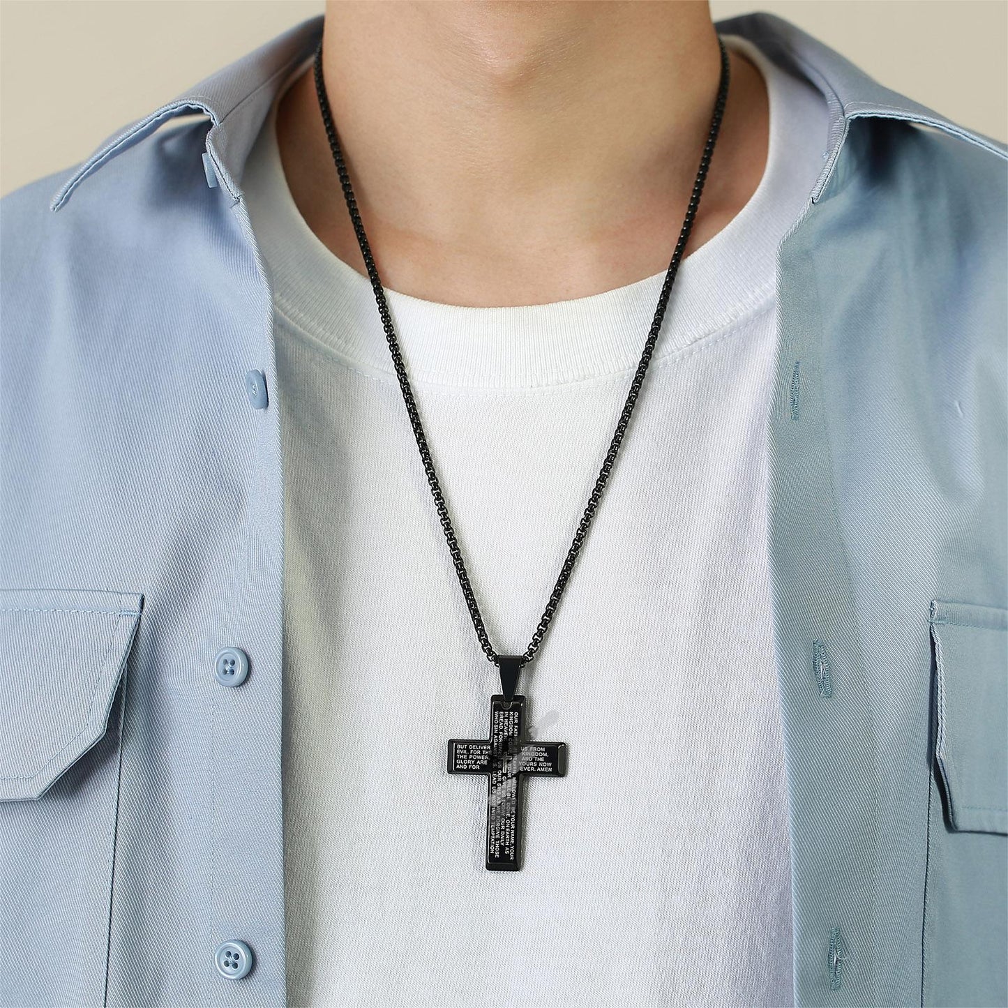 Stainless Steel Cross Pendant Men's Laser Accessories Necklace