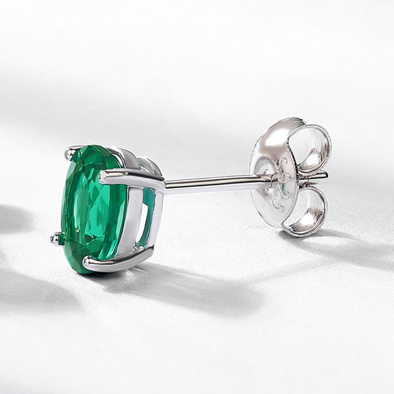 S925 Sterling Silver Lab-Grown Emerald Oval 5 × 7 mm Stud Earrings
