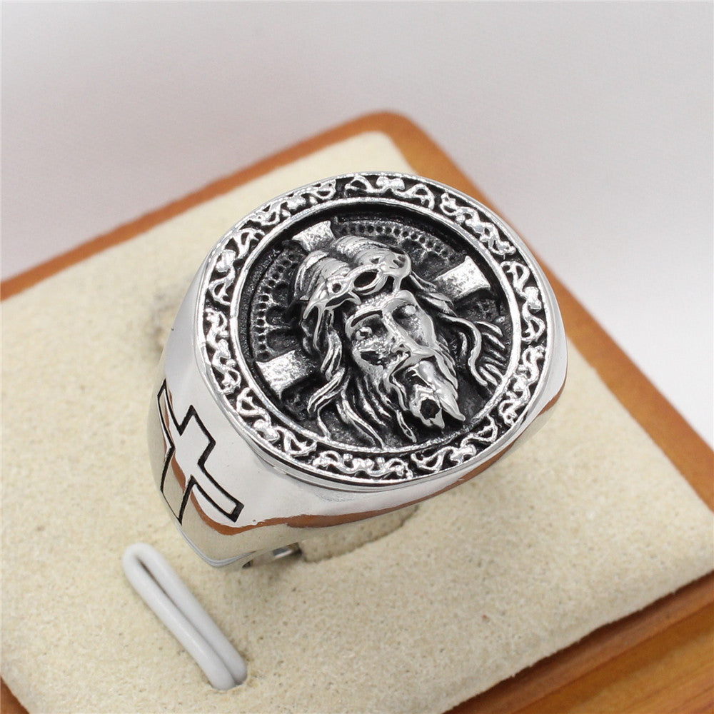 Men's Personalized Retro Cross Titanium Steel Ring - European and American Wholesale Jewelry