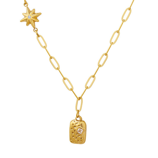 Golden Star Square Pendant Necklace with Zircon Inlay - European American Winter Collection