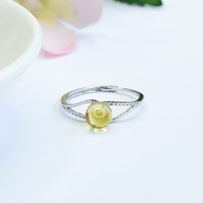 Amber Rose Sterling Silver Ring with Beeswax Amber Accent