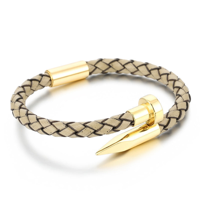 Cowhide Woven Stainless Steel Nail Bracelet – Men's Magnetic Buckle Leather Bracelet