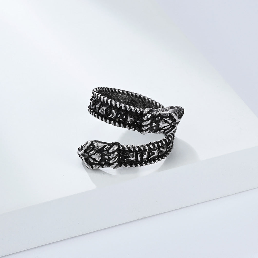 Planderful Viking Double Headed Snake Ring Durable Titanium Steel Retro Rune Unisex Hand Jewelry