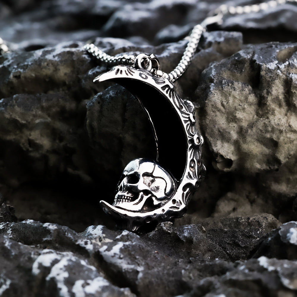 European And American Retro Stainless Steel Men's Pendant Personalized Skull Moon Necklace