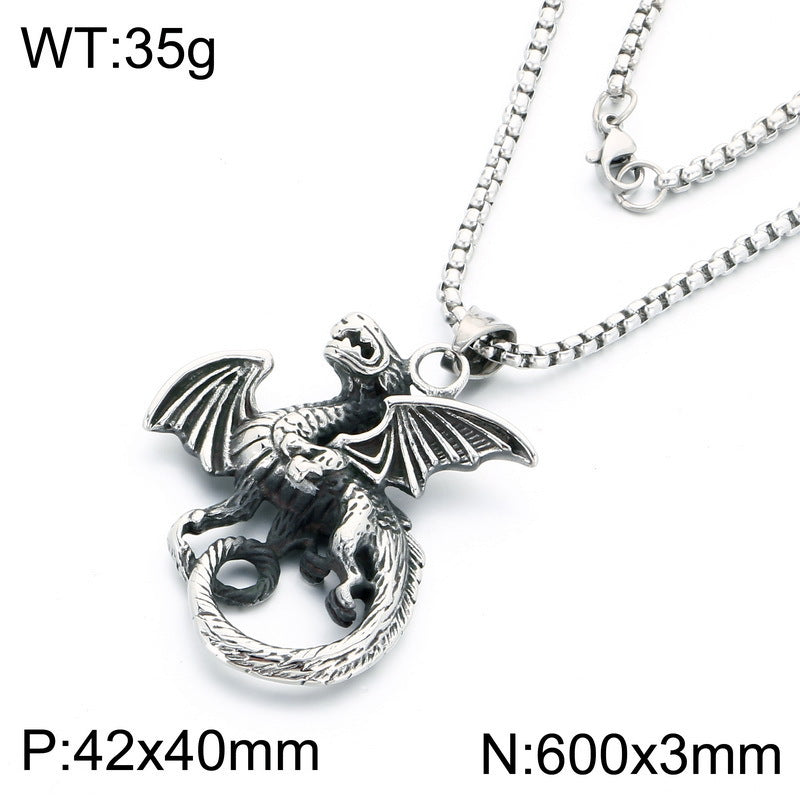 Chinese Style Retro Zodiac Dragon Necklace Stainless Steel Double Dragon Play Bead Pendant