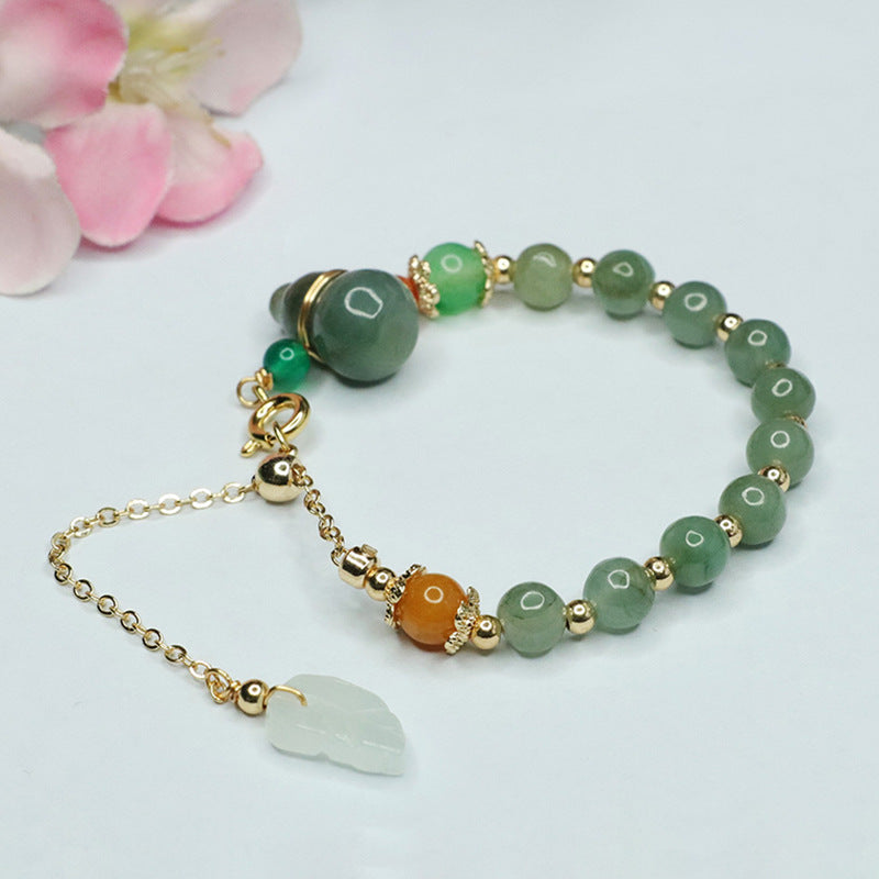 Green Gourd Leaf Jade Stone Sterling Silver Bracelet