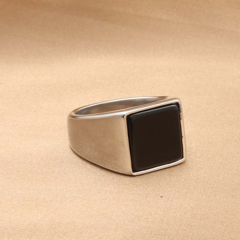 Men's Retro Titanium Steel Black Gemstone Square Ring - Trendy Epoxy Design, Available in Sizes 7-13