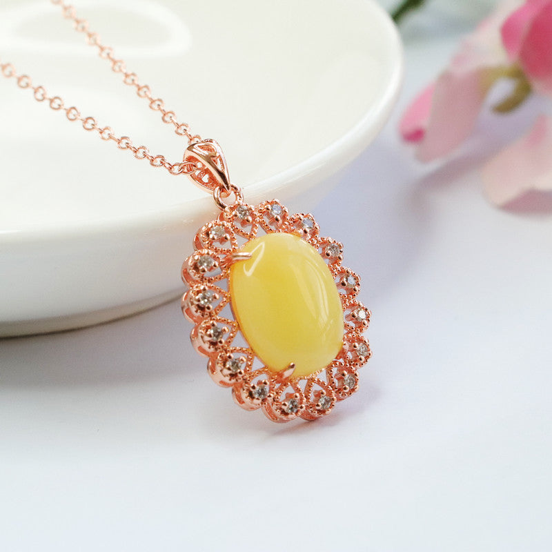Golden Halcyon Beeswax Amber Pendant Halo Necklace