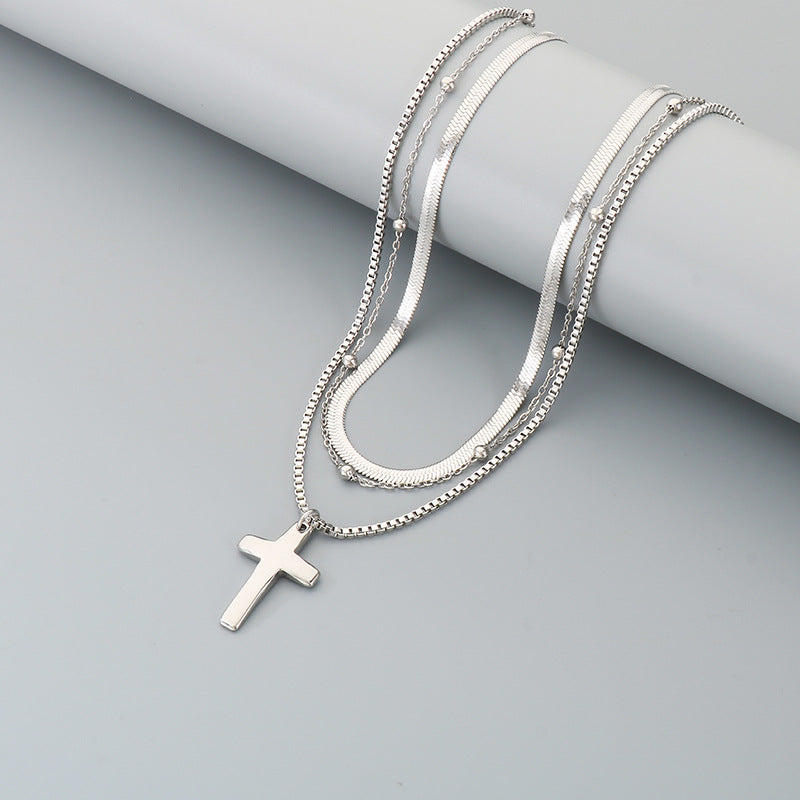 Flat Snake Chain Multi-Layer Chain Necklace, Retro Stainless Steel Box Chain Cross Pendant