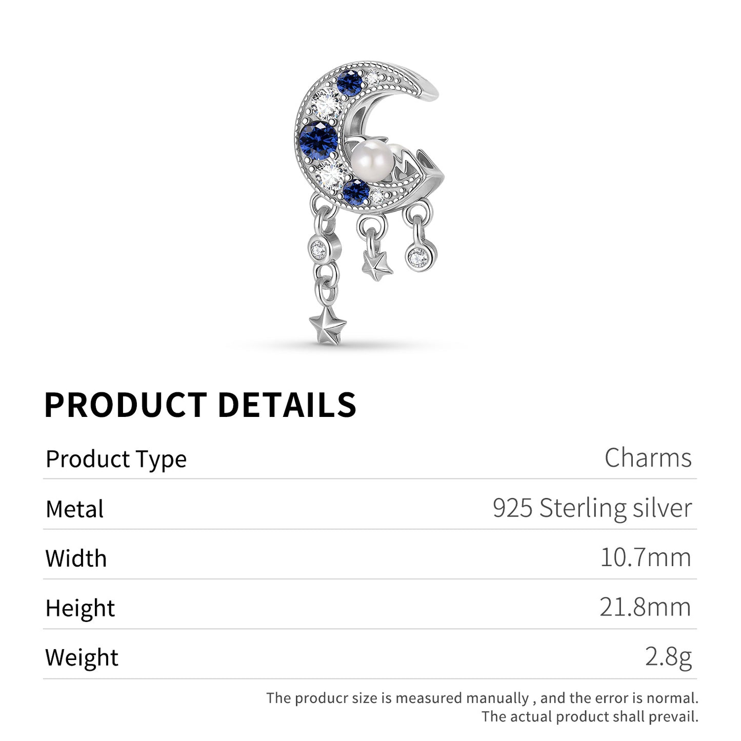 Planderful Jewelry Original Pearl Zircon Moon Beaded Sterling Silver Bracelet Pendant For Everyday Luxury