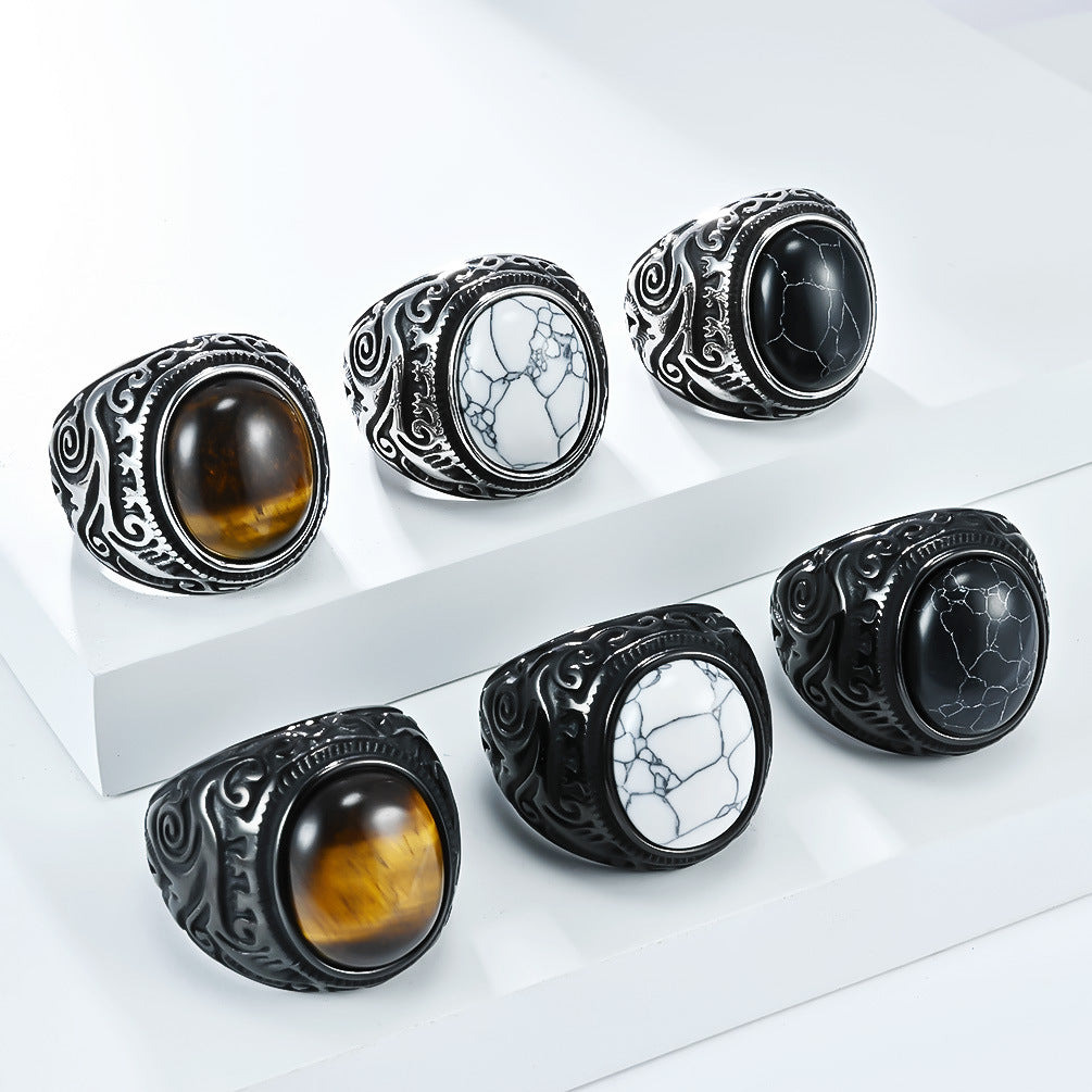 Planderful Mens Titanium Steel Ring With Tiger Eye Gem Retro Engraved Bold Statement Jewelry