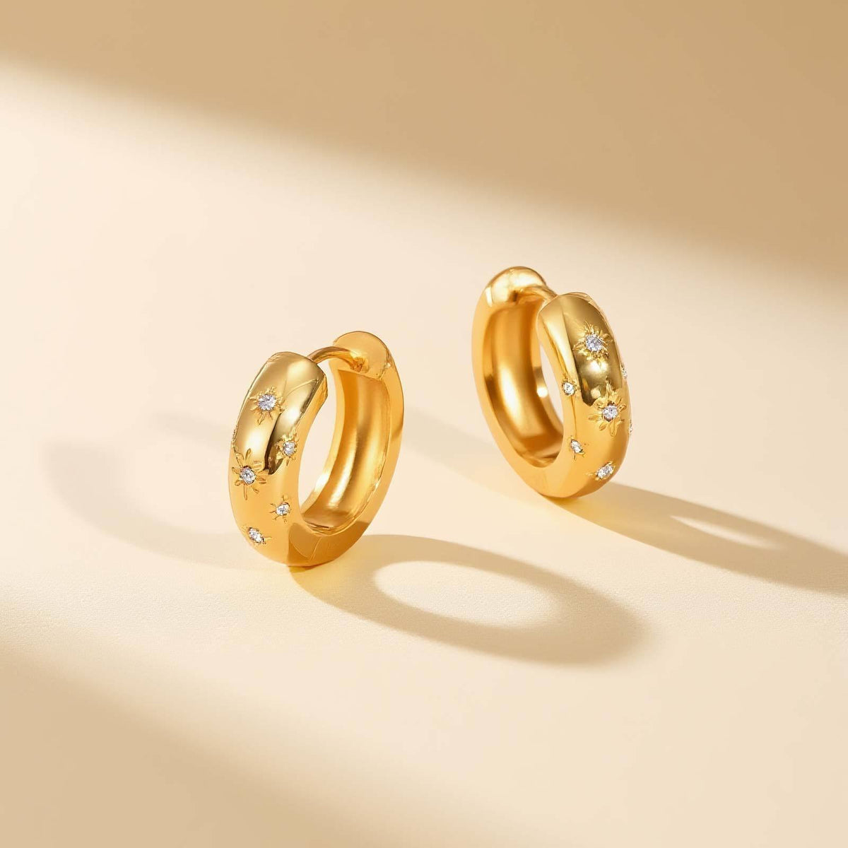 Crystal Starburst Chunky Hoop Earrings — Gold Pair