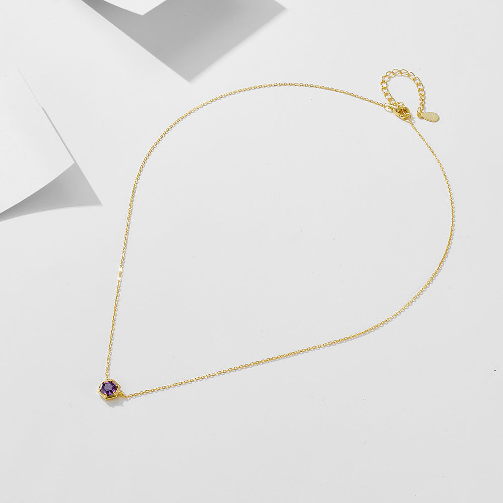 925 Pure Silver Hexagonal Amethyst Zircon Pendant Necklace, Geometric Colored Gemstone