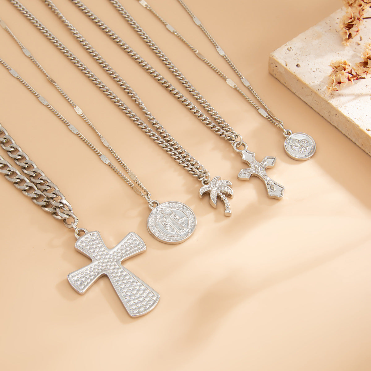 Palm Tree & Cross Layered Pendant Necklace