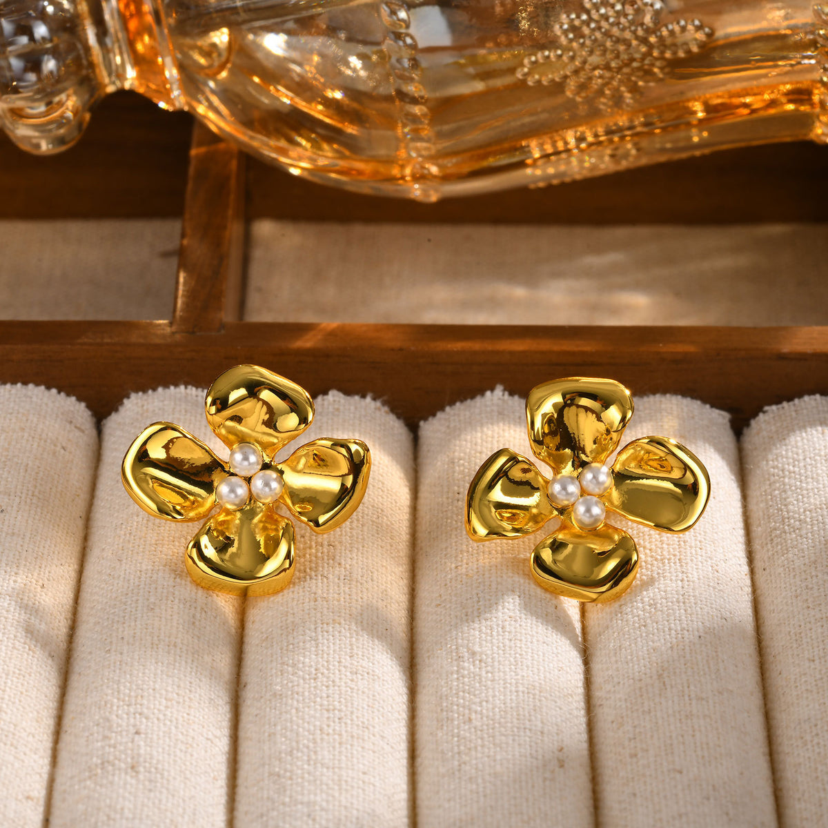 Gold-Tone Pearl Flower Stud Earrings