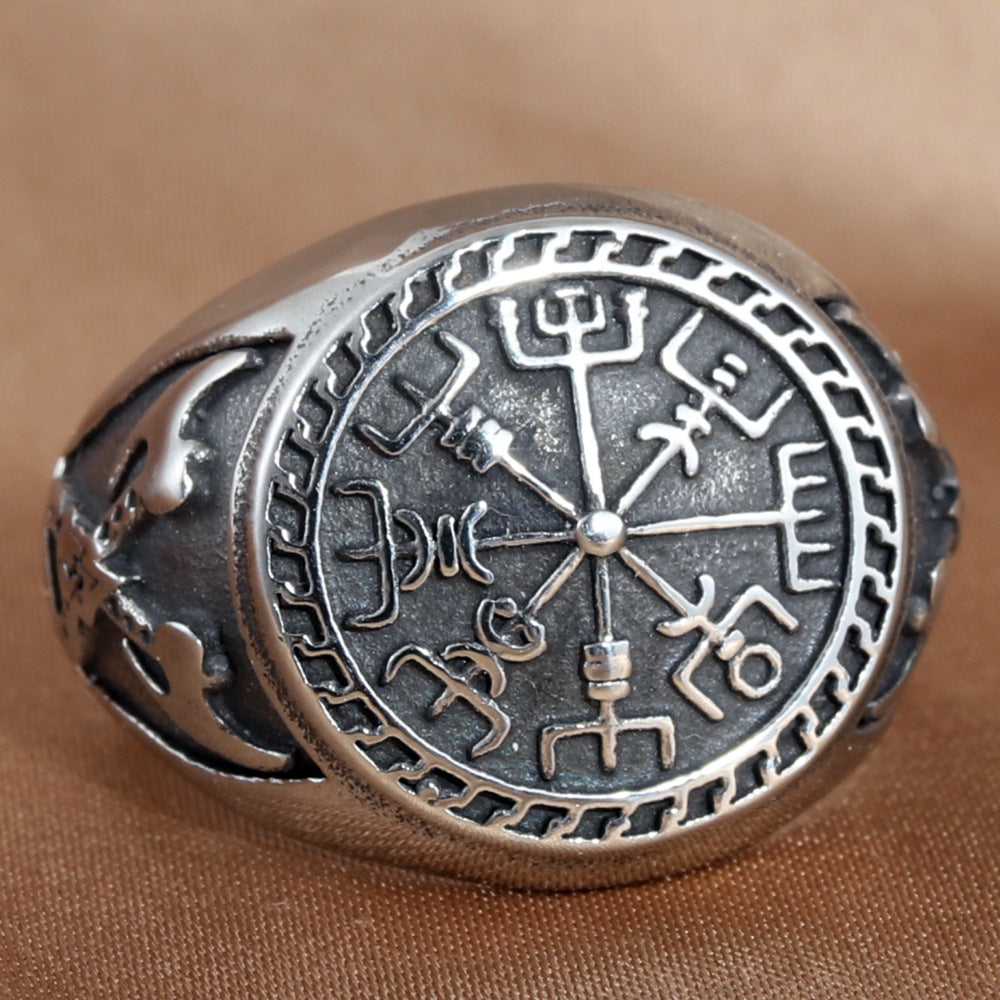 Titanium Steel Retro Compass and Axe Ring for Men - Trendy Personalized Accessories