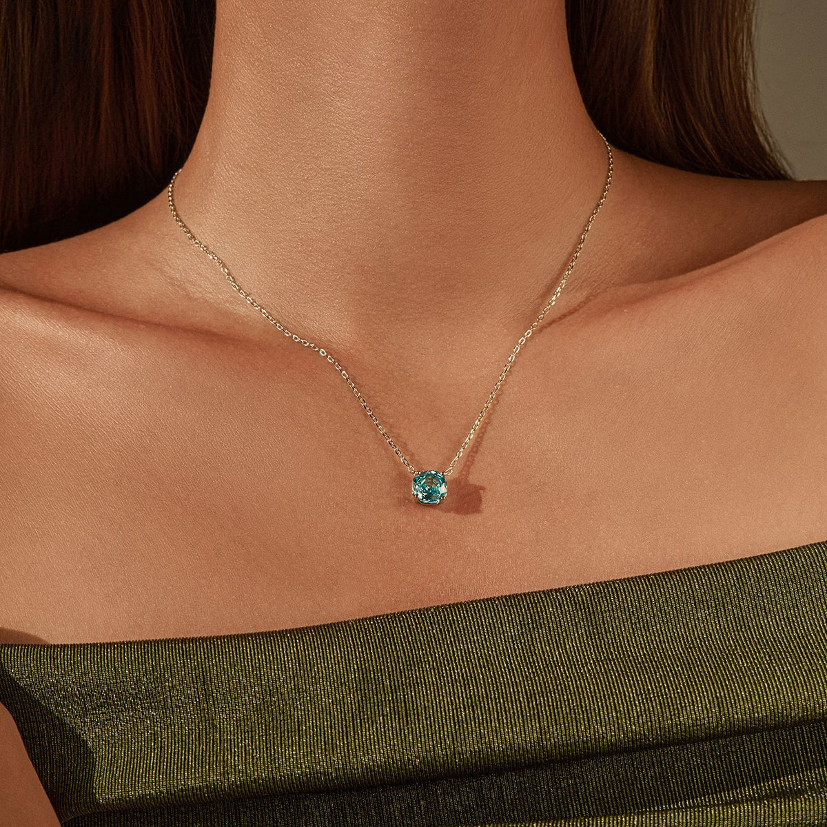 925 Sterling Silver Sea Blue Rose-Cut Zircon Necklace