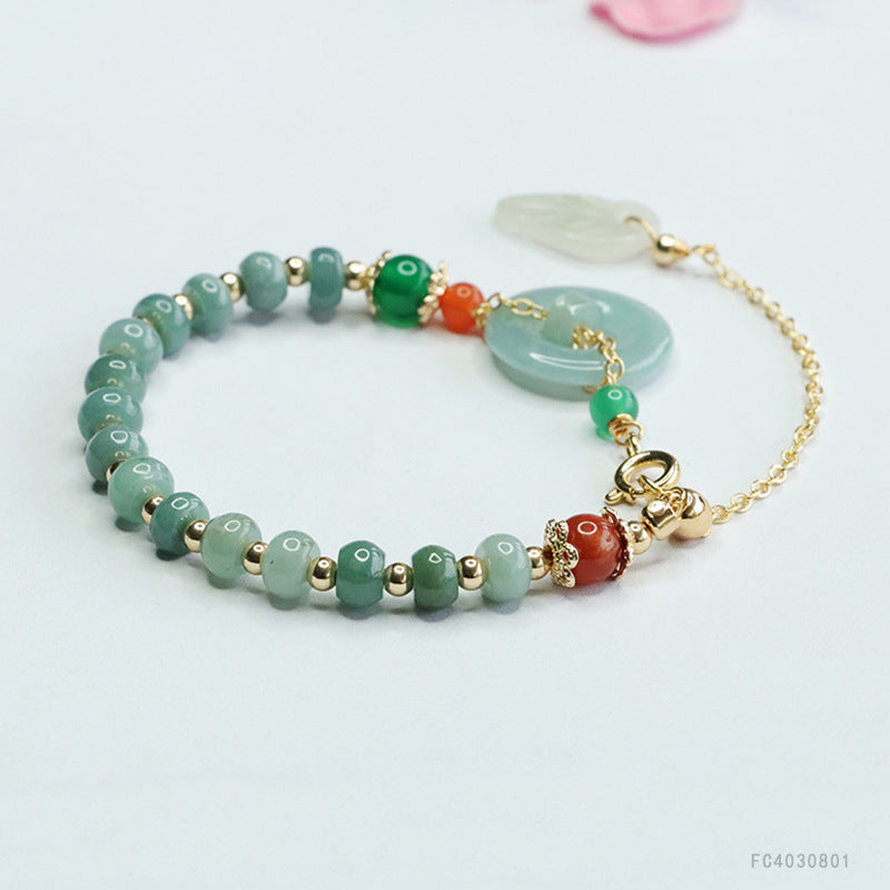 Blue Water Jadeite Leaf & Peace Ring Bracelet
