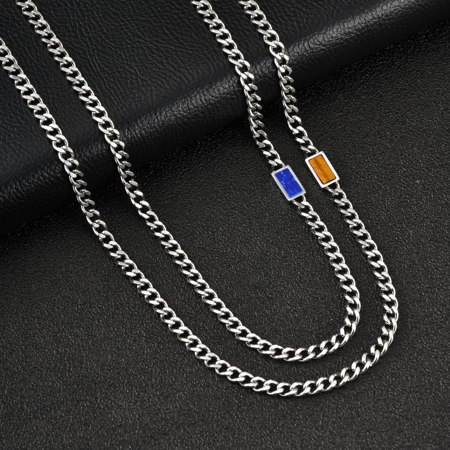 Stainless Steel Grinding Chain Square Tiger's Eye Stone Shape Sense Cool Sa Necklace