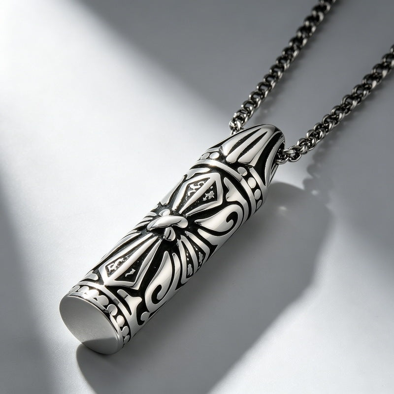 Punk Stainless Steel Textured Bullet Pendant Knot Necklace Retro Old Totem Men's Pendant