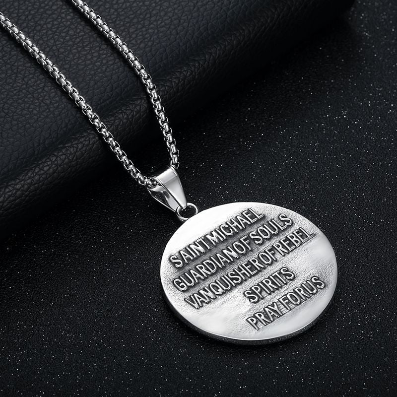 Planderful St Michael Angel Round Pendant Necklace Unisex Titanium Steel Punk Style Jewelry