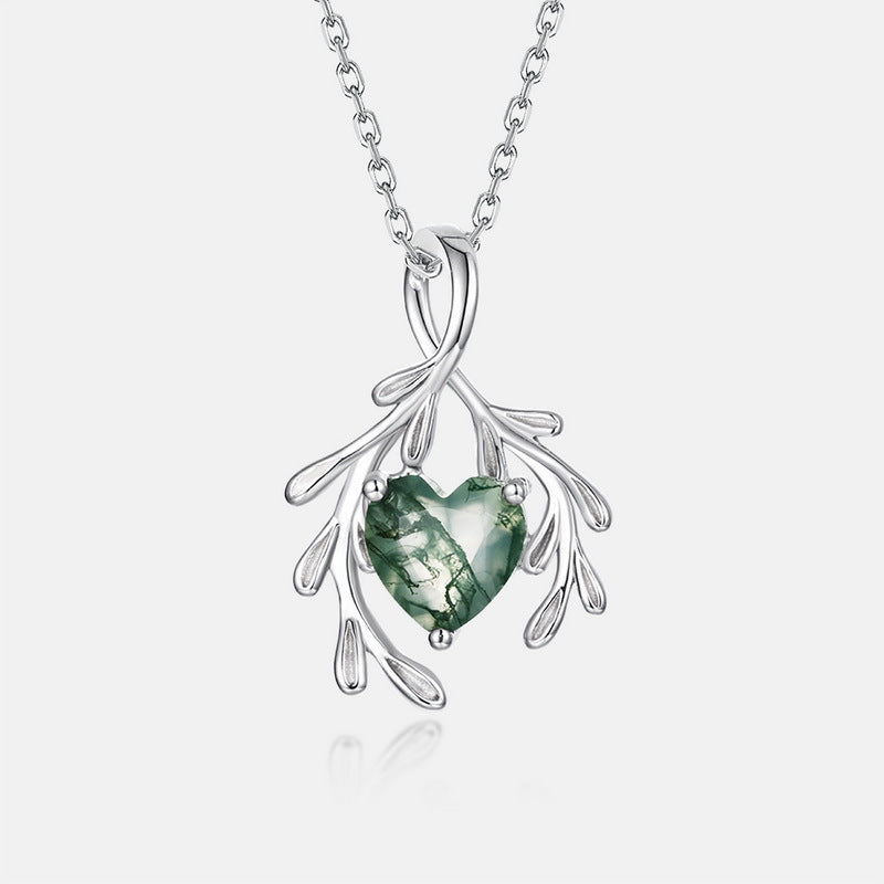 Planderful Everyday Genie Necklace – Elegant Heart-Shaped Aquatic Plant Agate Silver Pendant
