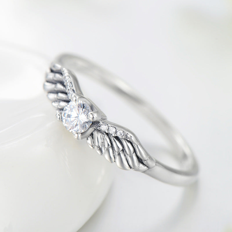 Retro Sterling Silver Angel Wing Ring with Zircon Gems