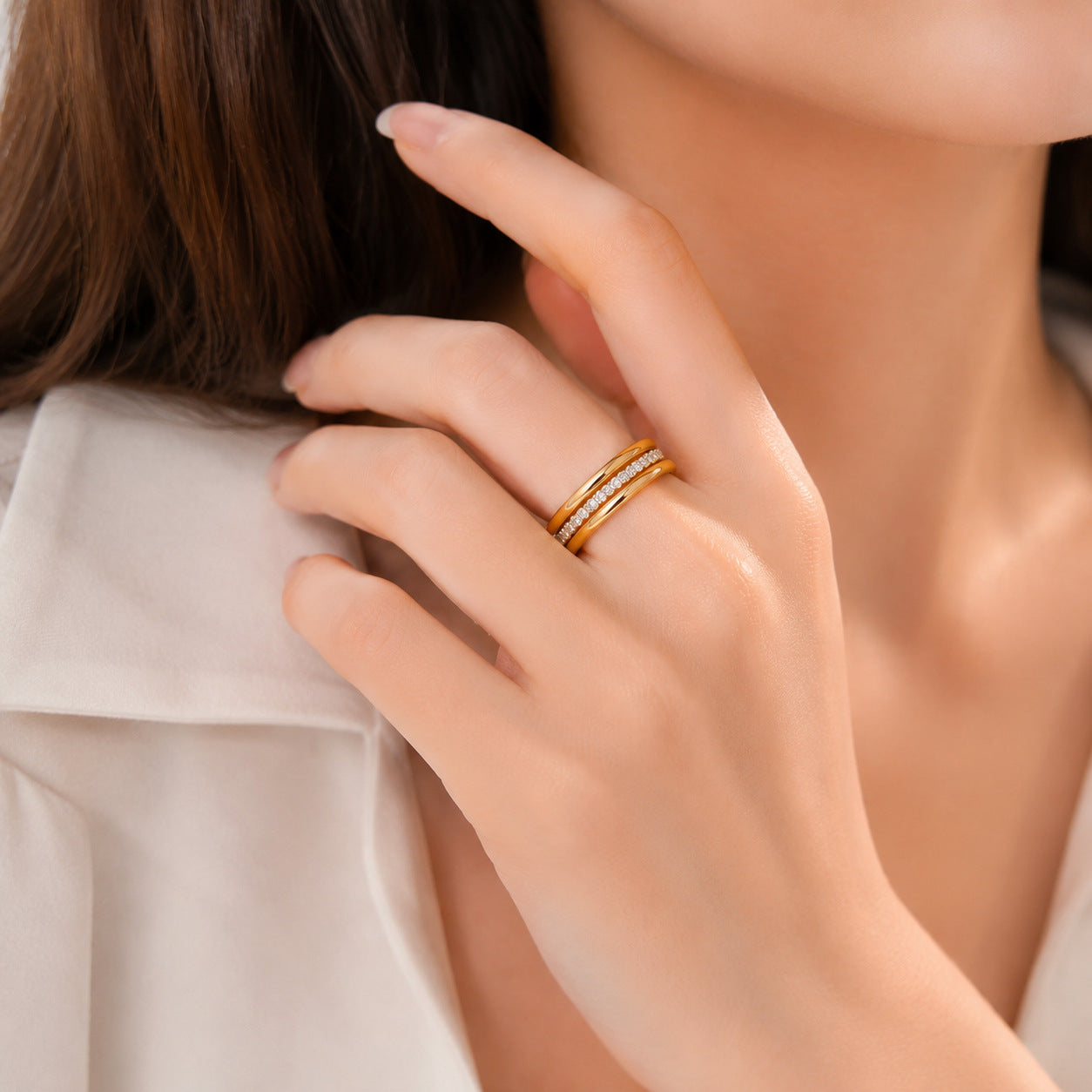 Planderful Collection Stainless Steel Stacked Ring Set For Women Non Fading Gold Zircon Three Piece Versatile Statement Jewelry