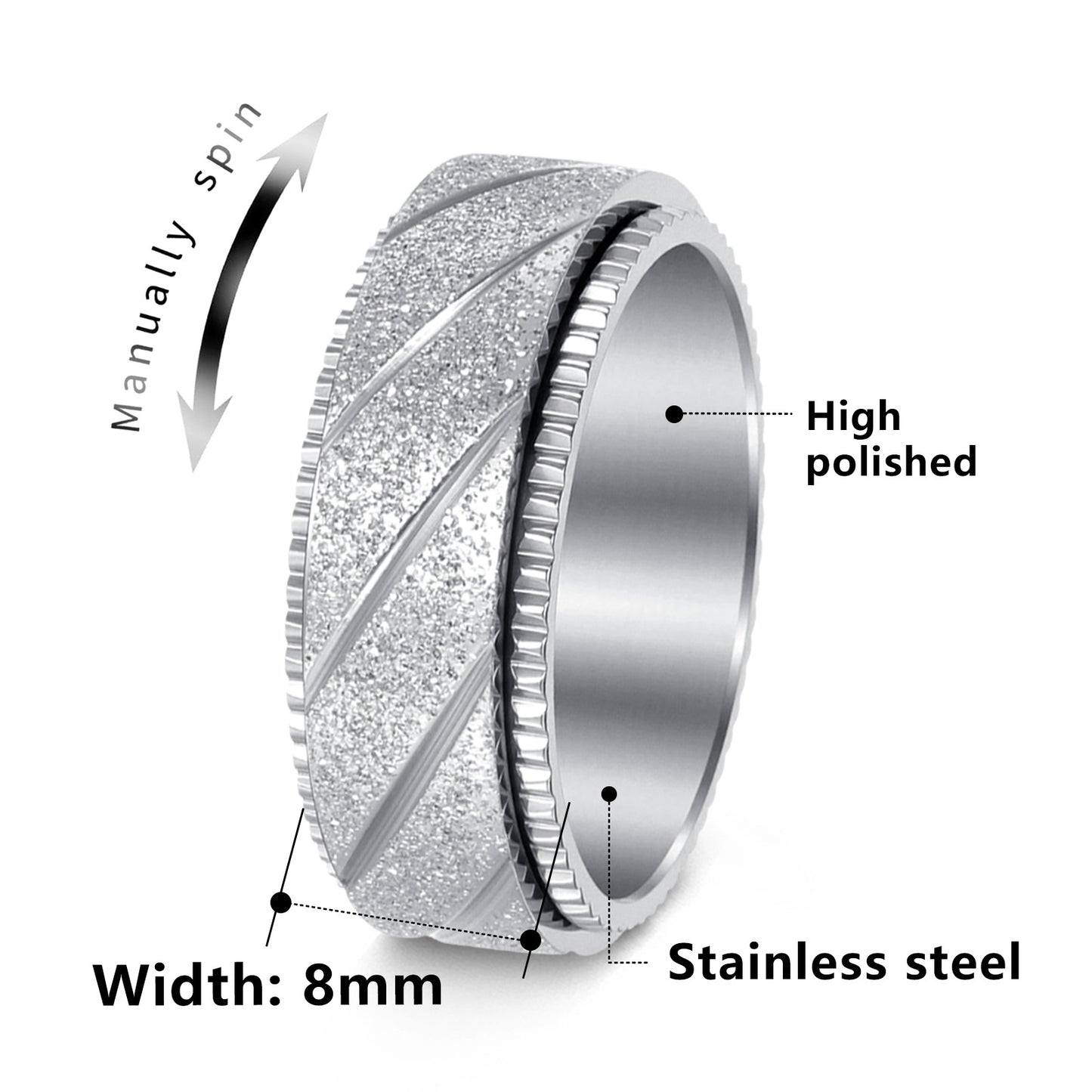 Planderful Titanium Steel Ring Unisex Rotatable Oblique Stripe Matte Finish Everyday Genie Statement