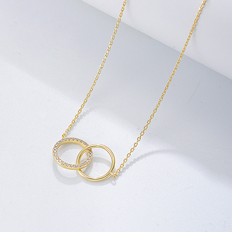S925 Sterling Silver Personality Zircon Double Circle Ring Necklace Set Chain