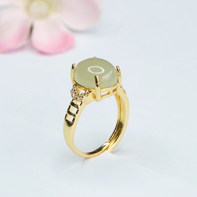 Elegant Sterling Silver Ring with Natural Hetian Jade and Zircon Embellishments