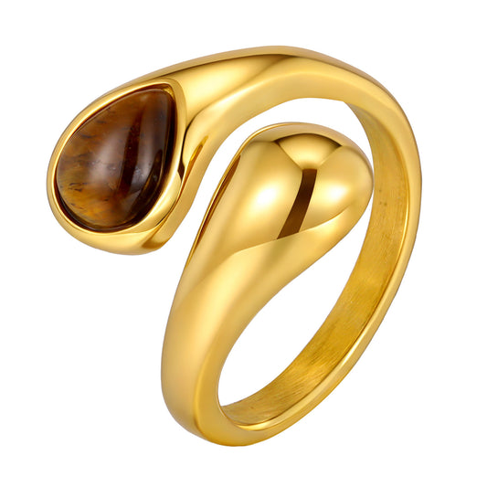 Stainless for Women Style Water Drop Natural Tiger's Eye Stone Style Ring