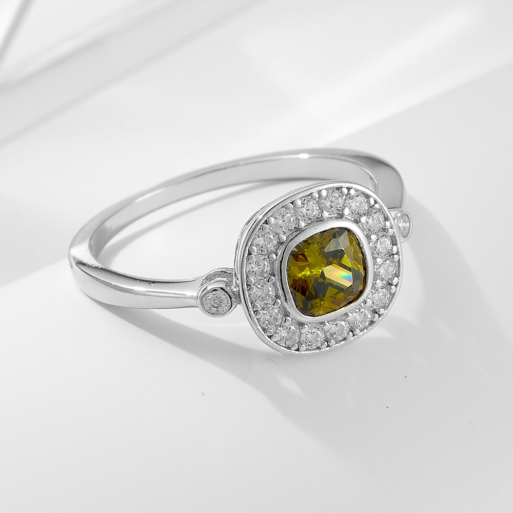 S925 Sterling Silver Oval Olive Green Zircon Ring Retro Index Finger Tail Ring