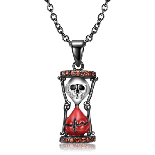 Halloween Skull Hourglass Pendant with Red Zircon Silver Necklace