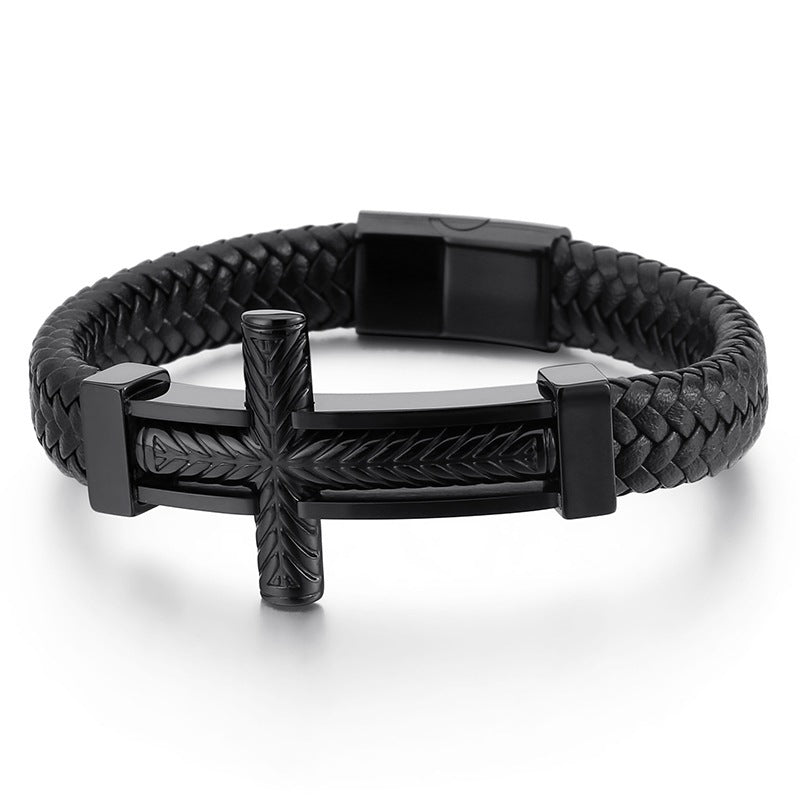 Tide & Cool Wheat Ear Pattern Cross Titanium Steel Leather Bracelet Men's – Niche