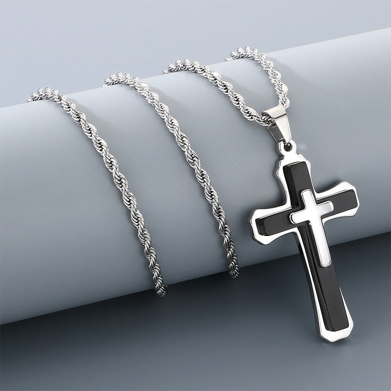 Style Three-Layer Three-Dimensional Cross Pendant, Titanium Steel Black Steel Contrasting Color Necklace, Men's