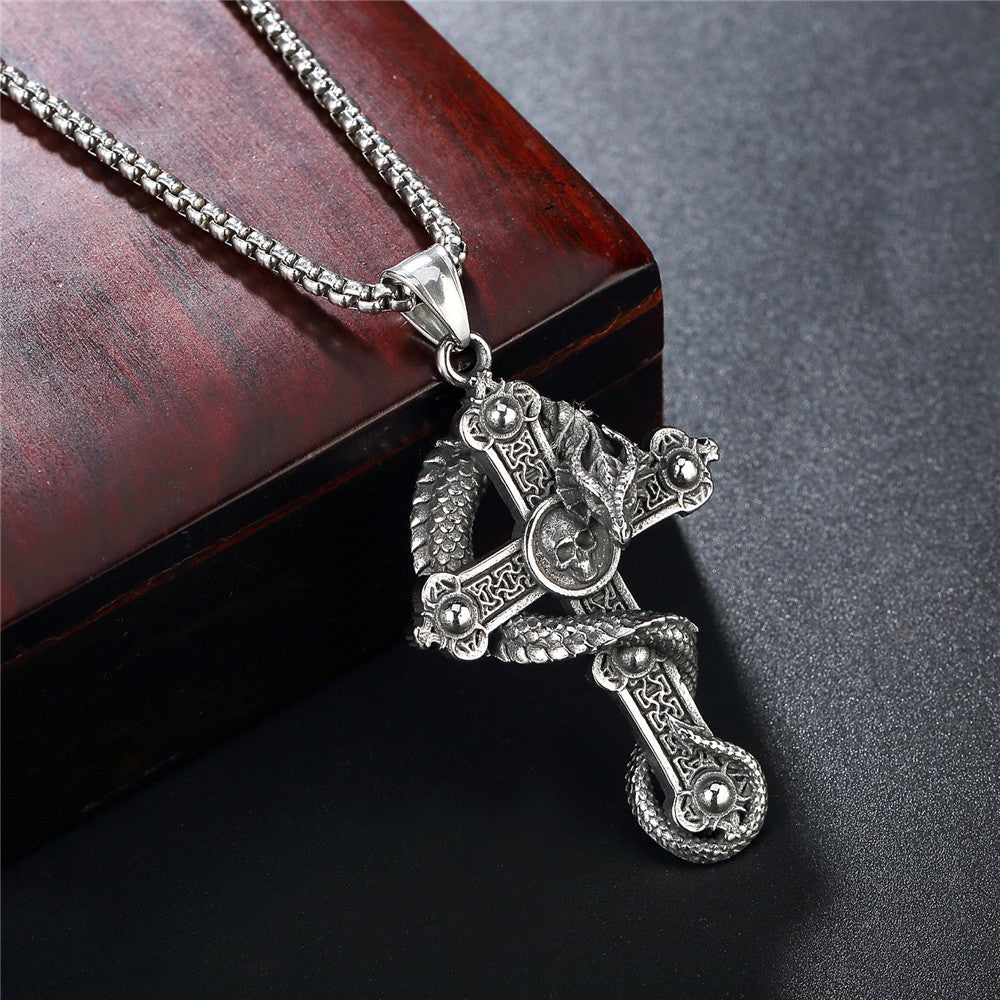 Dragon Cross & Feather Stainless Steel Pendant Necklace