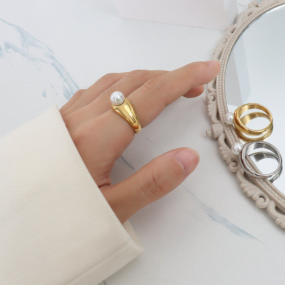 Gilded French-inspired Faux Pearl Ring - Stackable Statement Jewelry for Women