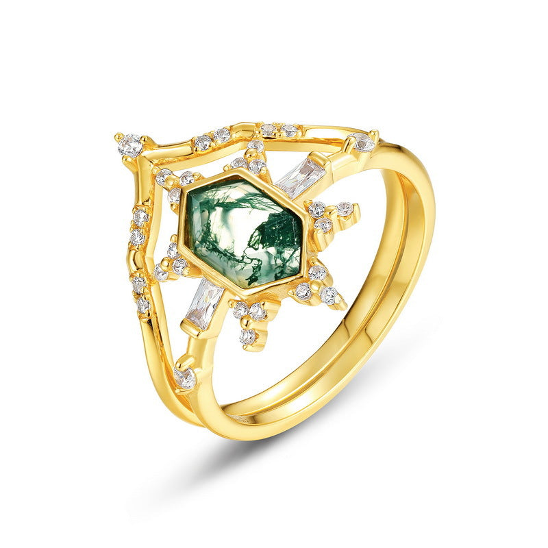 Planderful Jewelry Green Moss Agate Ring In Sterling Silver With Gold Plating For Everyday Elegance
