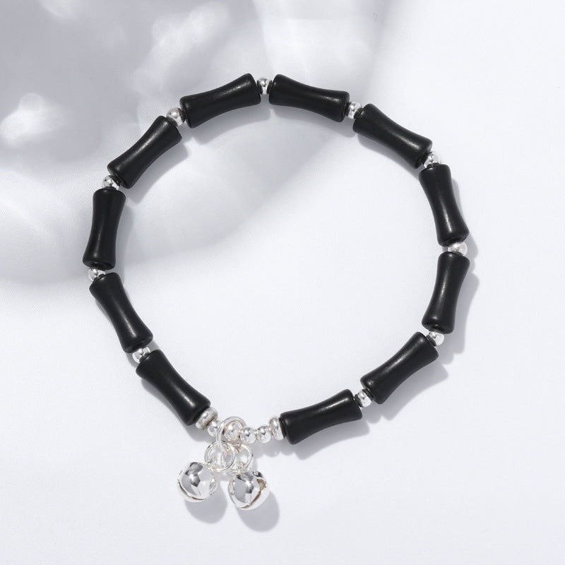 Layered Bamboo Crystal Bracelet with Natural Black Stone for Girls