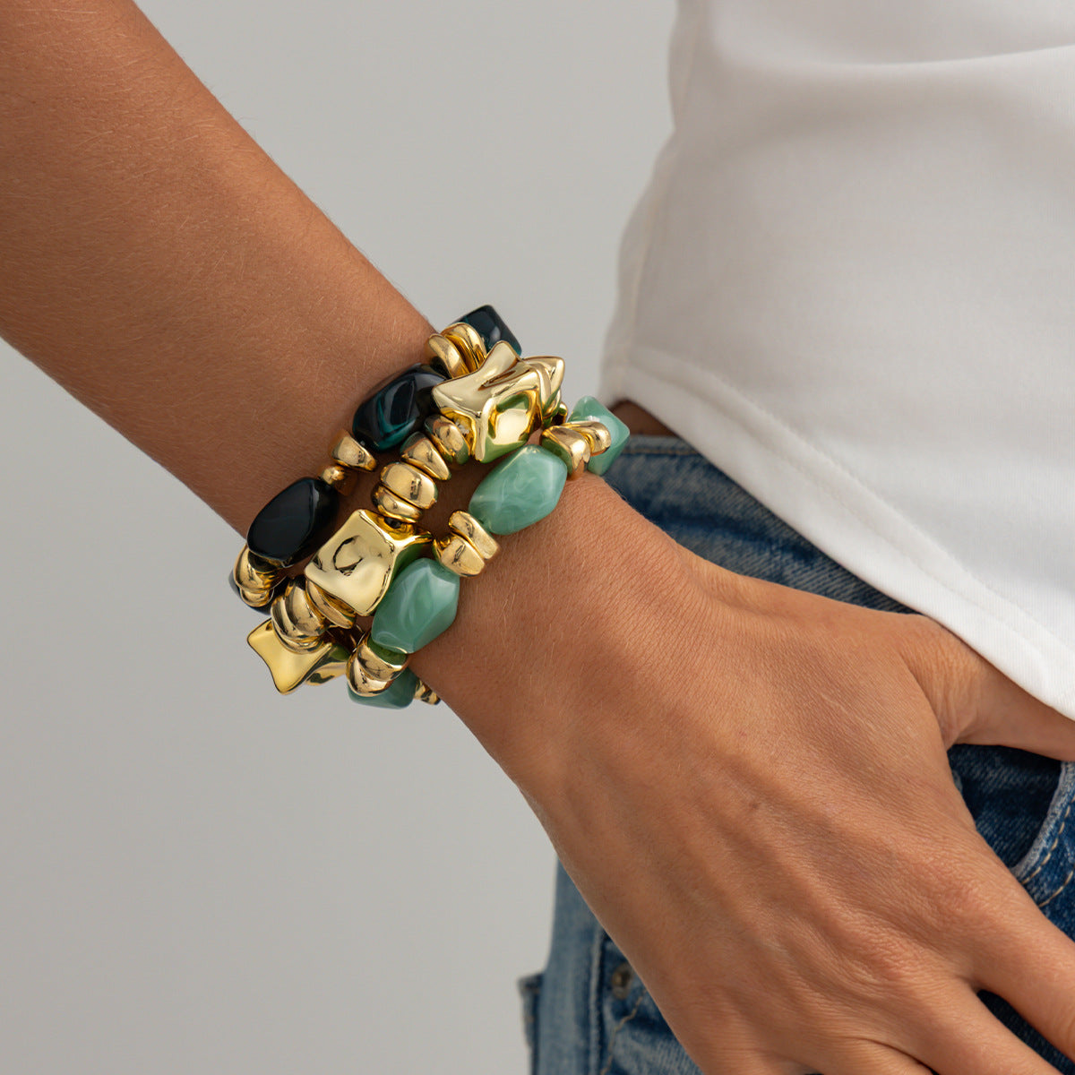 Amber Beaded Stacked Bracelet Knock Pattern Smudge Elastic Bracelet