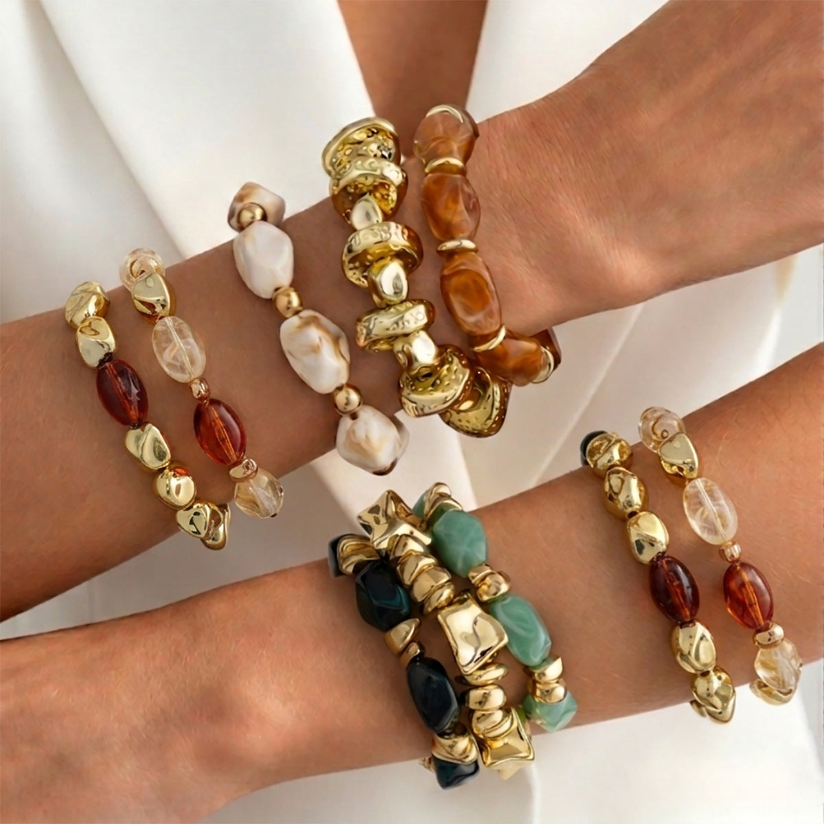 Amber Beaded Stacked Bracelet Knock Pattern Smudge Elastic Bracelet