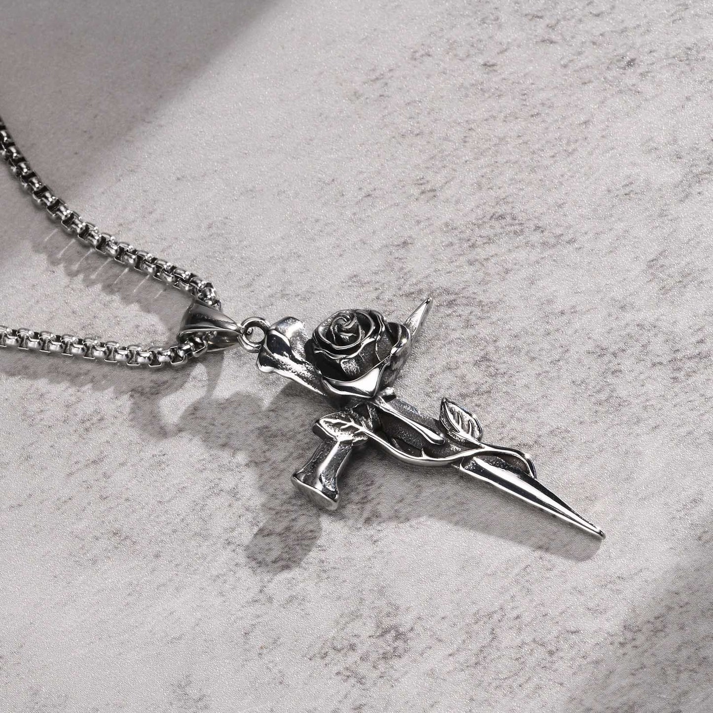 Stainless Steel Rose Retro Style Cross Pendant Necklace for Men