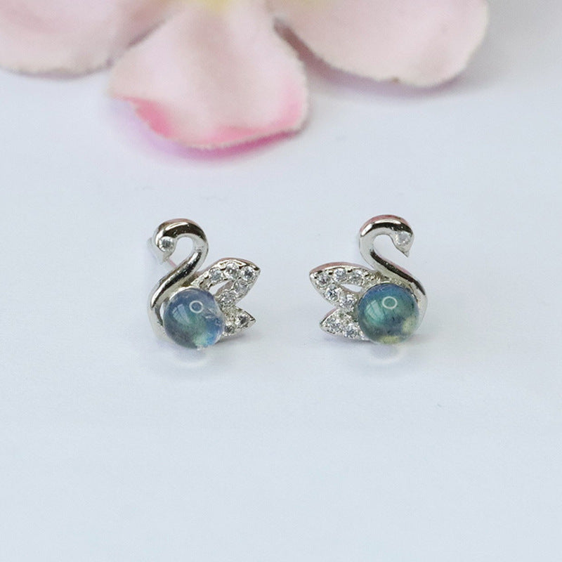 Gray Moonstone Swan 925 Silver Stud Earrings